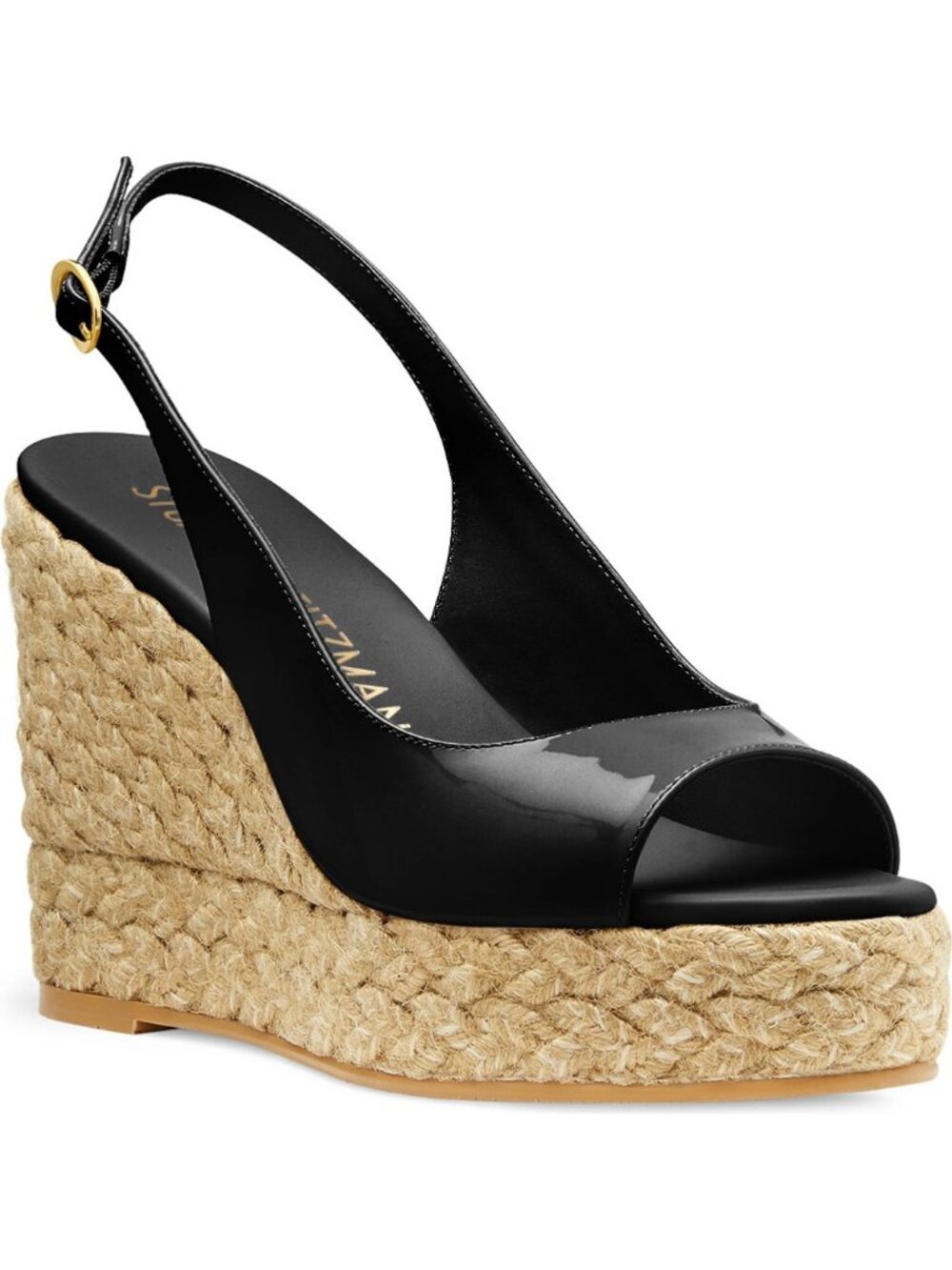 $500 STUART WEITZMAN Island Espadrille Wedge Sandal PATENT BLACK 8.5 (DD16)
